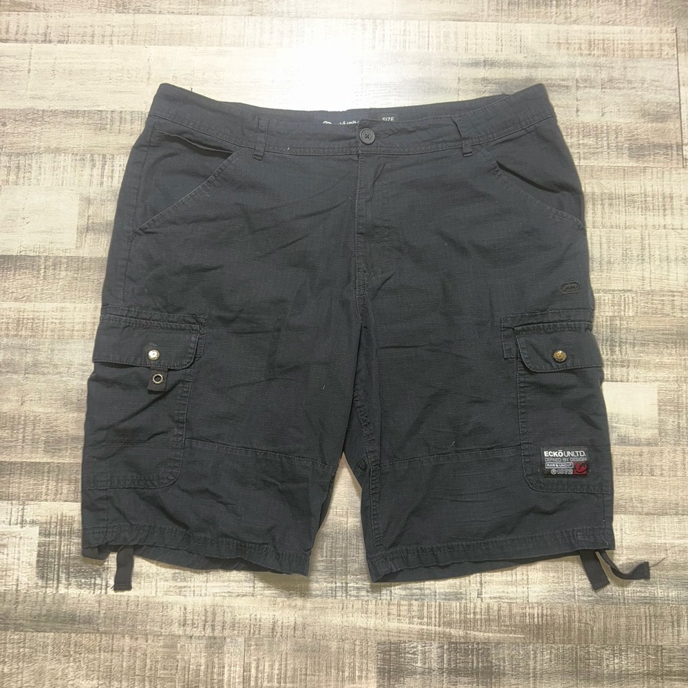 Ecko Unltd Mens Cargo Shorts Size 38 Black Ripstop Drawstring Style